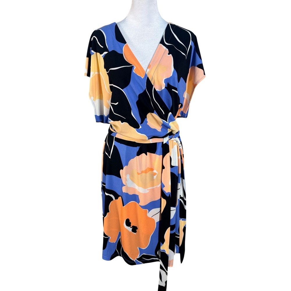 Nine West Women 1X Blue Orange Floral Faux Wrap Dress Stretch Jersey Surplice